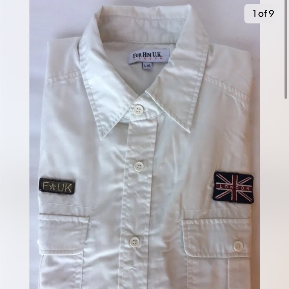 For Him U. K. Men Shirt Short Sleeve White Military Patches Large